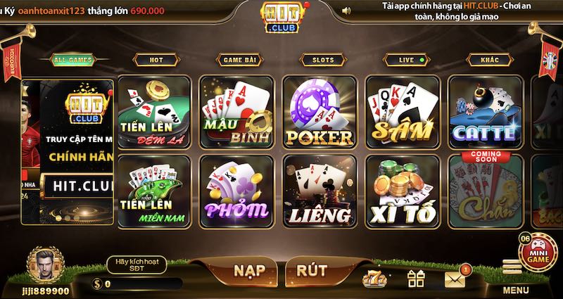 Một số thể loại game đánh bài ăn tiền thật trên điện thoại tại Hit club